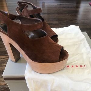 MARNI Brown Leather, Wooden Heel Wedge Size 36.5